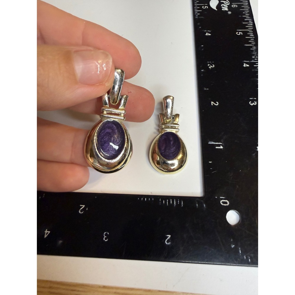 Two Tone Silver Gold Purple Enamel Oval Drop Post Earrings Statement Jewelry